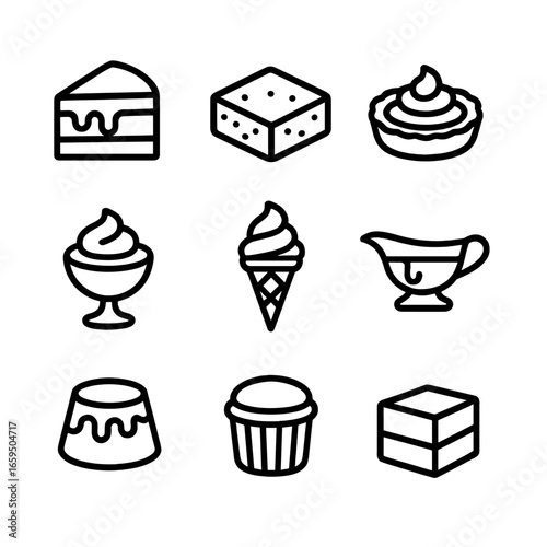 Dark Chocolate Icons. Outline icon set of dark chocolate desserts: dark chocolate cake, dark chocolate brownie, dark chocolate
