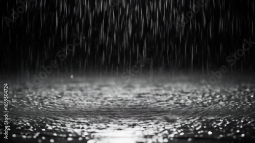 Rain Falling on a Shiny Surface in Slow Motion with Water Droplets Splashing and Reflections