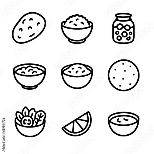 Curry Side Dish Icons. Outline icon set of curry accompaniments: naan bread, rice, chutney, pickle, raita, papadum, salad, lime