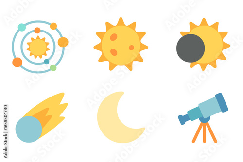 Solar System Icons. Flat vector mini-illustrations sun and astronomy in colors children's illustrations: sun with planets, solar