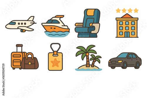 Deluxe Travel Flat Icons. Flat vector mini-illustrations deluxe travel in colors children's illustrations: private jet, luxury