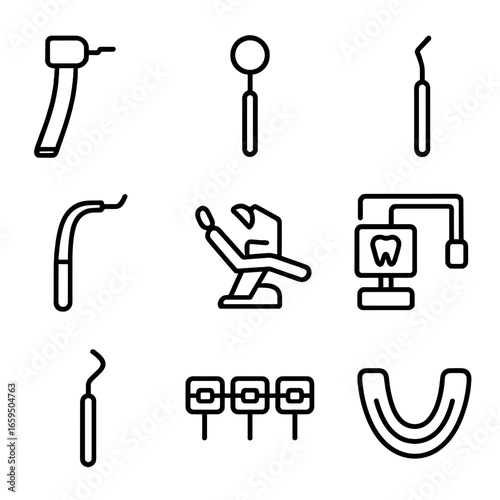 Dental Tools Icons. Outline icon set of dental clinic tools: dental drill, mirror, scaler, suction, dental chair, x-ray machine,