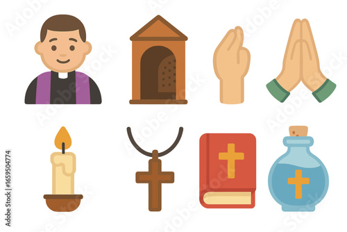 Spiritual Symbols Grid. Flat vector mini-illustrations Spiritual father in colors children's illustrations: priest, confession