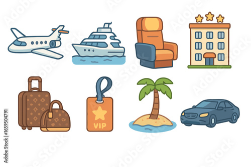 Deluxe Travel Flat Icons. Flat vector mini-illustrations deluxe travel in colors children's illustrations: private jet, luxury