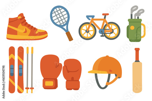 Sports Gear Icons. Flat vector mini-illustrations exclusive sports gear in colors children's illustrations: signature basketball