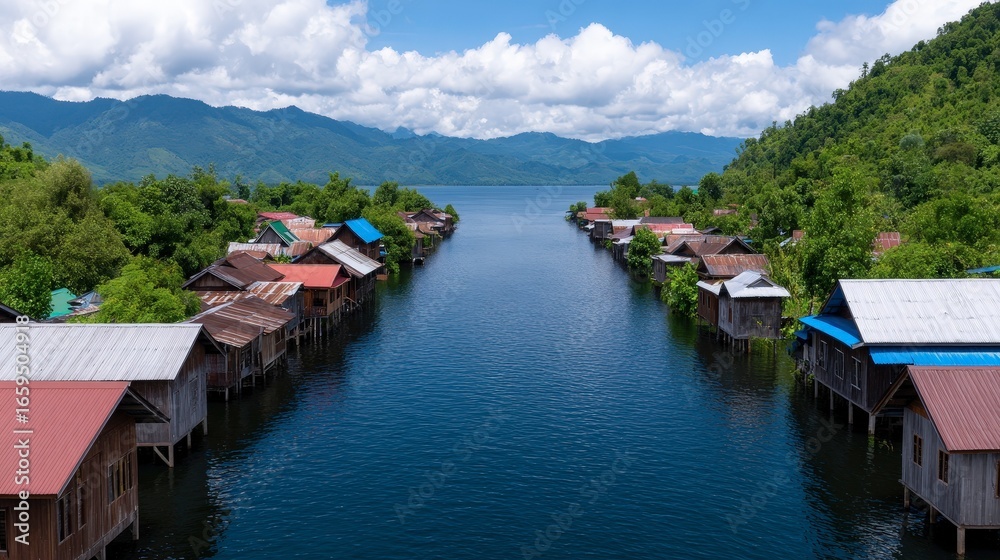 Fototapeta premium Scenic Riverside Village with Traditional Wooden Houses and Lush Greenery
