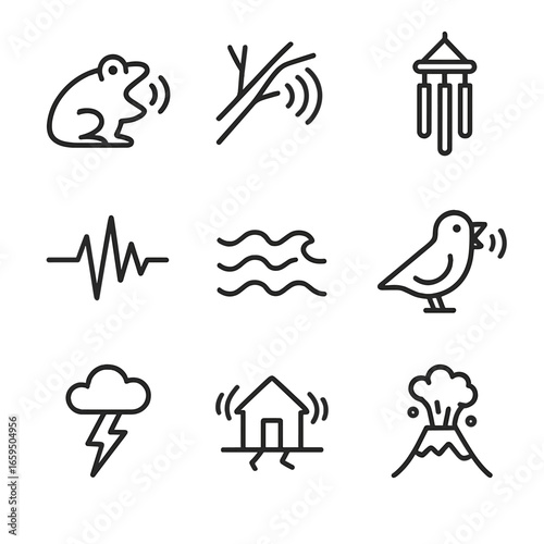 Nature Resonance Icons. Outline icon set of resonance in nature: animal call, tree branch vibration, wind chimes, earthquake waves