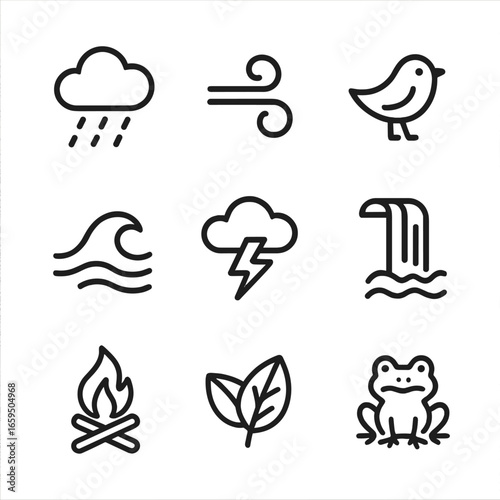 Nature Sound Icons. Outline icon set of nature sound effects: rain, wind, bird chirp, ocean wave, thunderstorm, waterfall,