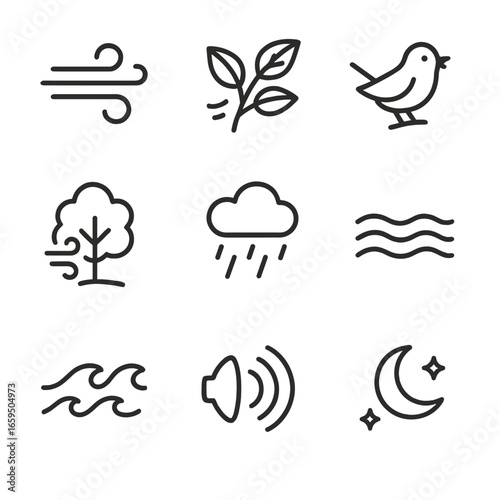 Nature Whisper Icon Set. Outline icon set of whisper in nature: gentle breeze, rustling leaves, bird chirp, wind in trees, soft
