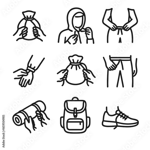 Drawstring Icon Set. Outline icon set of drawstring uses: securing bag, adjusting hood, tightening waist, closing pouch, adjusting