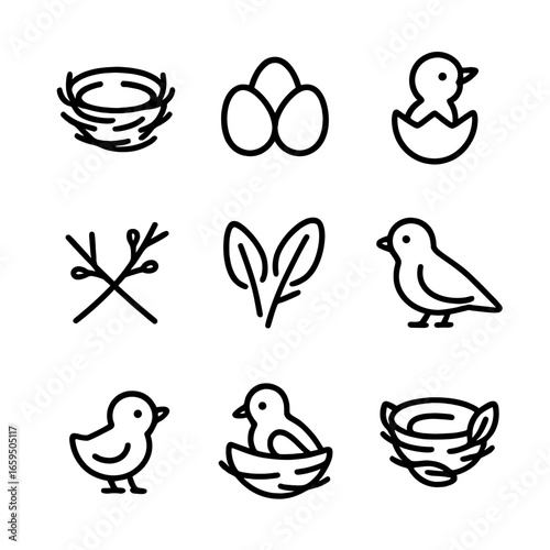 Nesting Icon Set. Outline icon set of nesting: bird nest, eggs, hatchling, twigs, feathers, mother bird, baby bird, incubation,