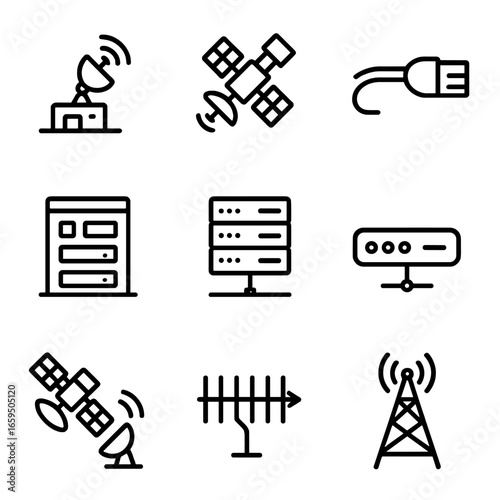 Network Infrastructure Icons. Outline icon set of downlink network infrastructure: ground station, communication satellite, fiber