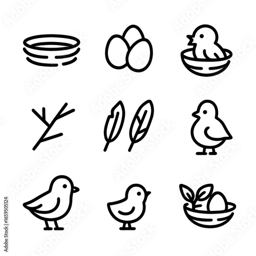Nesting Icon Set. Outline icon set of nesting: bird nest, eggs, hatchling, twigs, feathers, mother bird, baby bird, incubation,