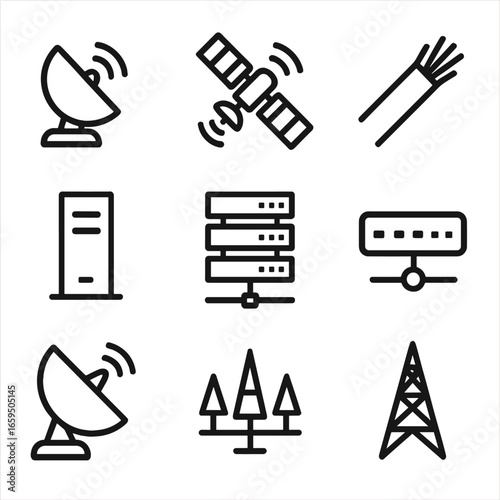 Network Infrastructure Icons. Outline icon set of downlink network infrastructure: ground station, communication satellite, fiber