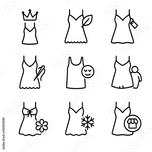 Nightgown Icons Collection. Outline icon set of nightgown brands: luxury brand, eco-friendly nightgown, designer nightwear,