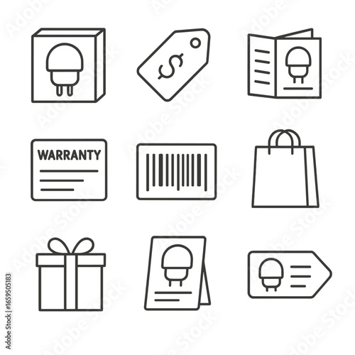 Night Light Packaging Icons. Outline icon set of night light packaging and retail: box, price tag, user manual, warranty card,