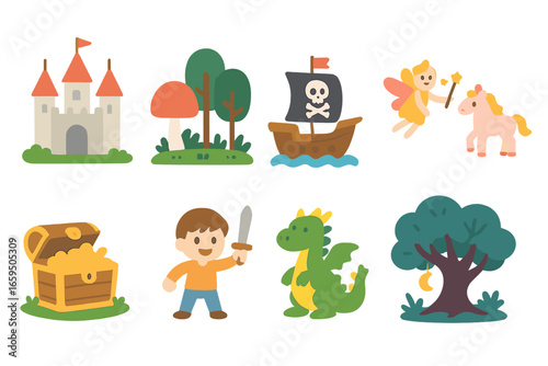 Whimsical Adventure Icons. Flat vector mini-illustrations chapter illustrations in colors children's illustrations: scene with