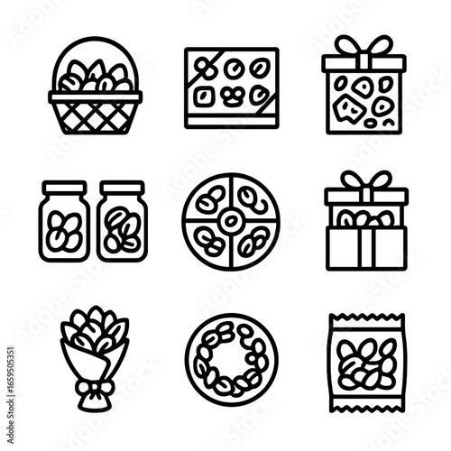 Nutty Celebration Icons. Outline icon set of nutty celebrations and gifts: nut gift basket, nut chocolates, nut brittle gift, nut