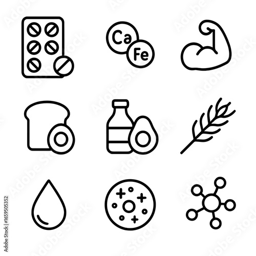 Nutrition Icons Grid. Outline icon set of nutrition essentials: vitamins, minerals, proteins, carbohydrates, fats, fiber, water,