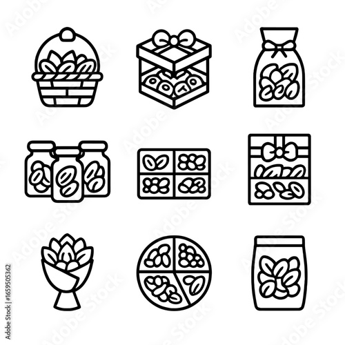 Nutty Celebration Icons. Outline icon set of nutty celebrations and gifts: nut gift basket, nut chocolates, nut brittle gift, nut