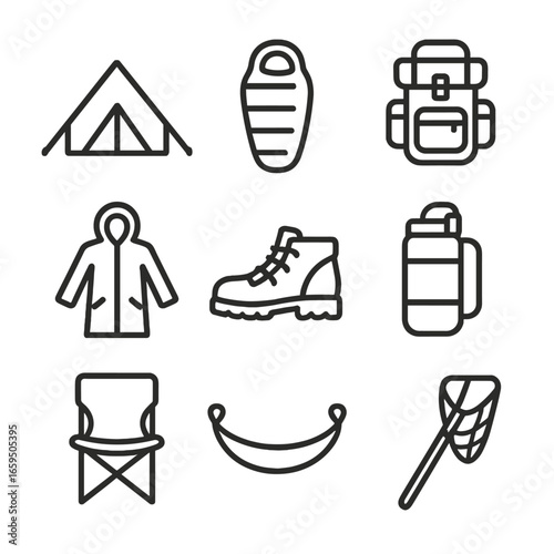 Nylon Gear Icons. Outline icon set of nylon outdoor gear: tent, sleeping bag, backpack, raincoat, hiking boots, water bottle