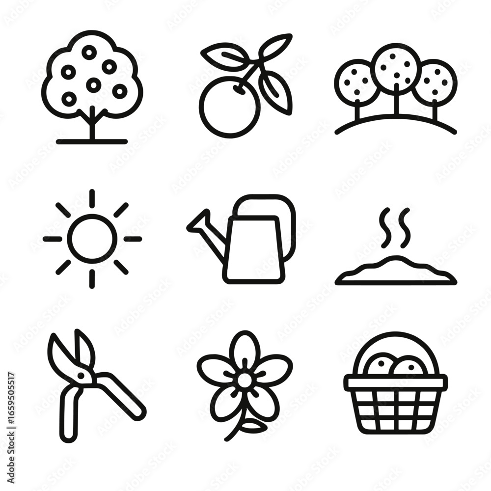 Fototapeta premium Orange Harvest Icons. Outline icon set of orange harvesting and growth: orange tree, orange branch with leaves, orange orchard,