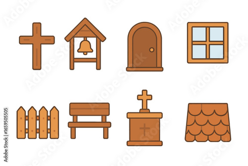 Wooden Church Icons. Flat vector mini-illustrations Old wooden church symbols in colors children's illustrations: wooden cross,