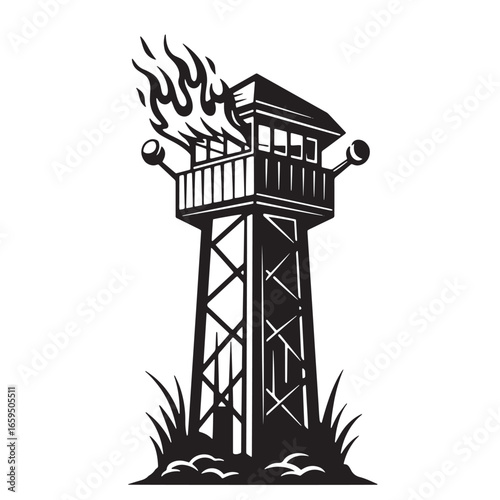 Burning fire watchtower illustration depicting disaster or emergency situation in black and white