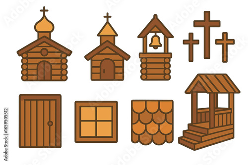 Wooden Religious Icons. Flat vector mini-illustrations Wooden religious buildings in colors children's illustrations: wooden