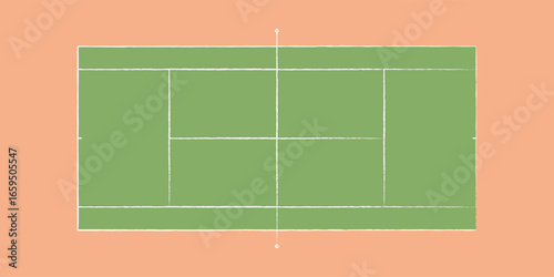 Green tennis court with net and service lines. Top view sport field for game, practice or championship. Background for match strategy, athletic performance, and sports design.