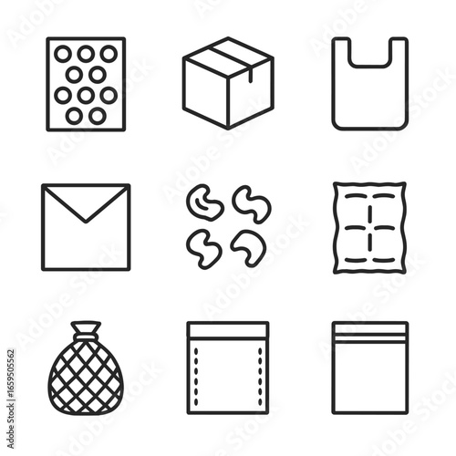 Packaging Icon Set. Outline icon set of lightweight packaging: bubble wrap, cardboard box, plastic bag, paper envelope, foam