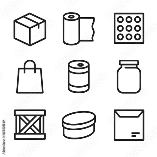 Packaging Icons Set. Outline icon set of packaging types: cardboard box, plastic wrap, bubble wrap, paper bag, metal can, glass