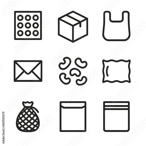 Packaging Icon Set. Outline icon set of lightweight packaging: bubble wrap, cardboard box, plastic bag, paper envelope, foam