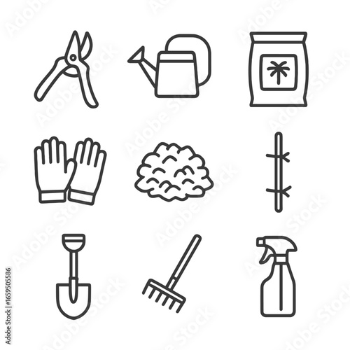 Palm Care Tools Icons. Outline icon set of palm care tools: pruning shears, watering can, fertilizer bag, gardening gloves, mulch,
