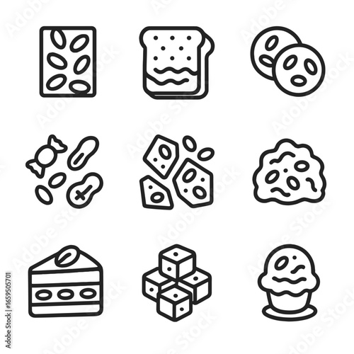 Peanut Treat Icons. Outline icon set of peanut snacks and desserts: peanut brittle, peanut butter sandwich, peanut cookies, peanut