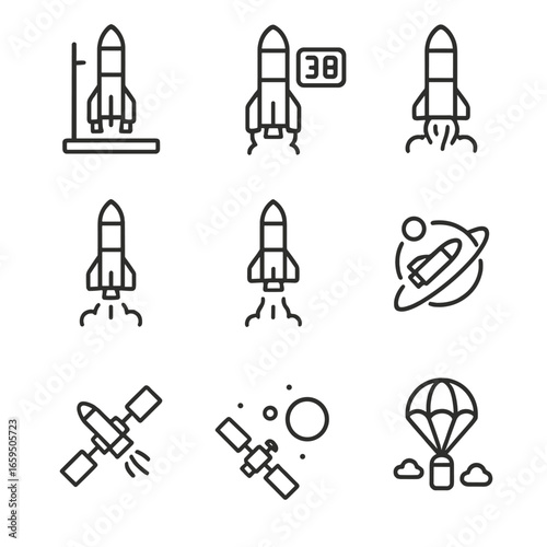 Payload Launch Icons. Outline icon set of payload launch phases: pre-launch, countdown, ignition, liftoff, stage separation, orbit