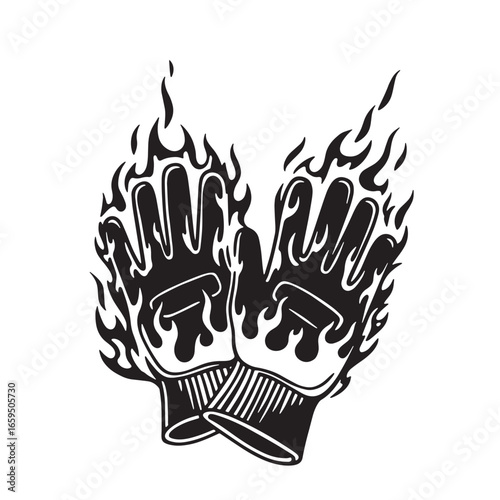 Burning gloves illustration in black and white representing heat flame and fire elements