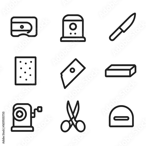 Pencil Sharpening Icons. Outline icon set of pencil sharpening tools: manual sharpener, electric sharpener, knife, sandpaper,
