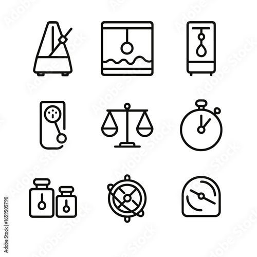 Pendulum Instruments Icons. Outline icon set of pendulum in measurement tools: metronome, seismograph pendulum, gravimeter, timer