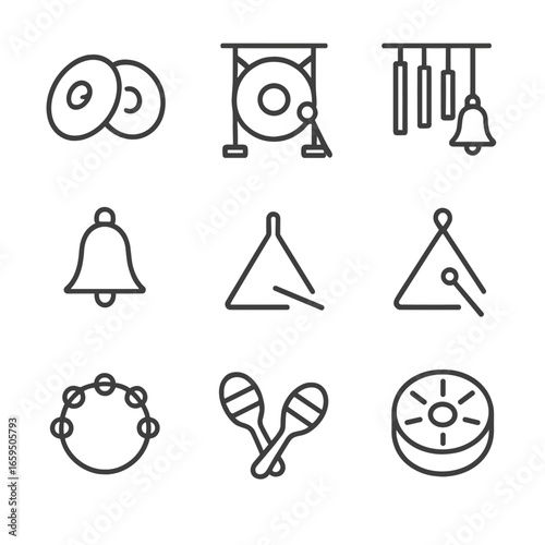 Percussion Instrument Icons. Outline icon set of clang in music: cymbals, gong, chime, bell, triangle, xylophone, tambourine,