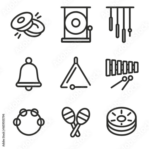 Percussion Instrument Icons. Outline icon set of clang in music: cymbals, gong, chime, bell, triangle, xylophone, tambourine,