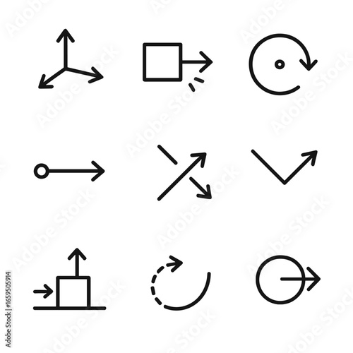 Physics Vector Icons. Outline icon set of momentum vectors and forces: vector arrows, force impact, torque symbol, impulse,