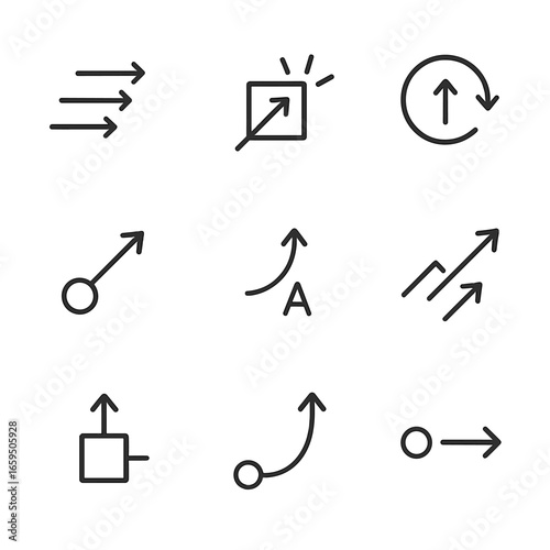 Physics Vector Icons. Outline icon set of momentum vectors and forces: vector arrows, force impact, torque symbol, impulse,