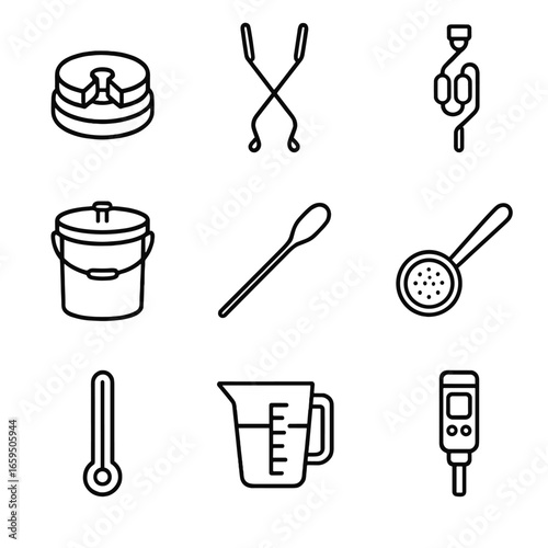 Pickling Equipment Icons. Outline icon set of pickling equipment: fermenting weights, jar lifter, airlock lid, fermentation bucket