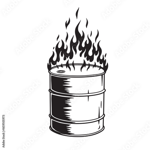 Burning oil barrel in monochrome graphic illustration depicting environmental disaster and danger