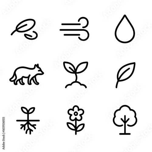 Plant Migration Icons. Outline icon set of plant migration: seed dispersal, wind, water droplet, animal carrier, sprout, leaf,