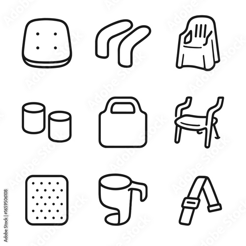 Plastic Chair Accessories Icons. Outline icon set of plastic chair accessories: cushions, armrest covers, chair covers, leg caps,