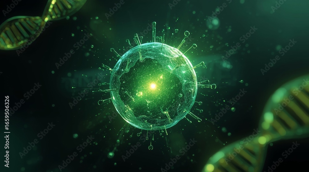 Obraz premium macro shot of a single, magnificent CAR-T cell, the central focus. The cells semi-translucent membrane reveals a pulsating inner core of pure green energy. Its surface is incredibly detailed