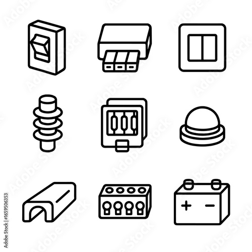 Polycarbonate Component Icons. Outline icon set of polycarbonate electrical components: circuit breaker cover, connector housing,