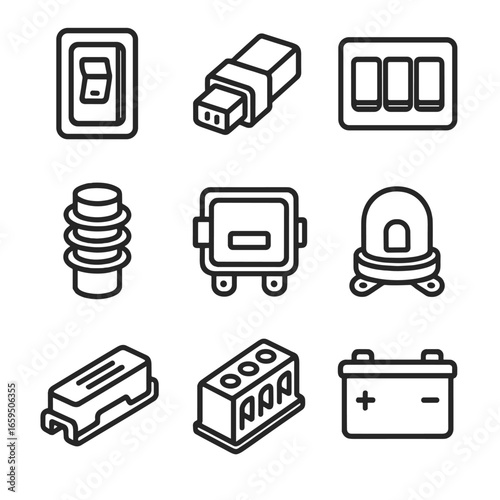 Polycarbonate Component Icons. Outline icon set of polycarbonate electrical components: circuit breaker cover, connector housing,